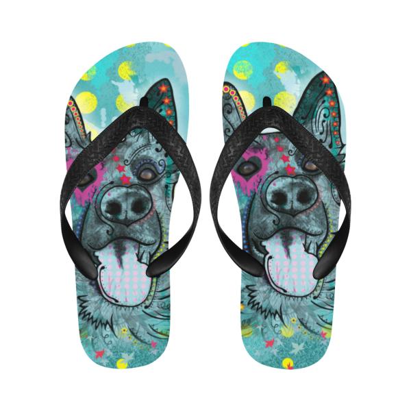 Flip Flops Hundemotiv Eddy - Strandsandalen, Sandalen, bunt, Grösse 38-45, Unisex, Mischling, Mix, Deutscher Schäferhund